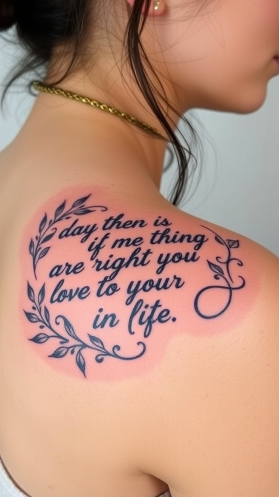 Tattoo featuring an inspirational quote in cursive on a woman's shoulder.