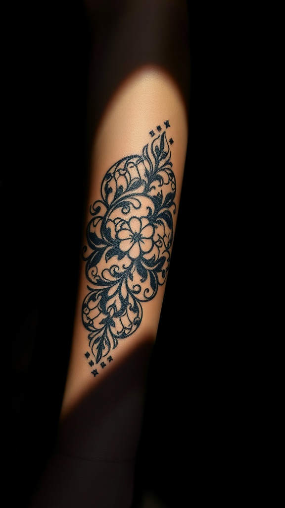 A detailed lace tattoo on an arm.