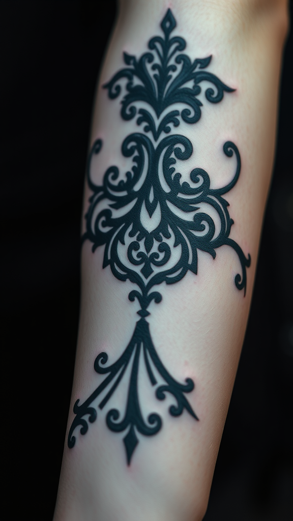 A detailed black lace tattoo on a person's forearm.