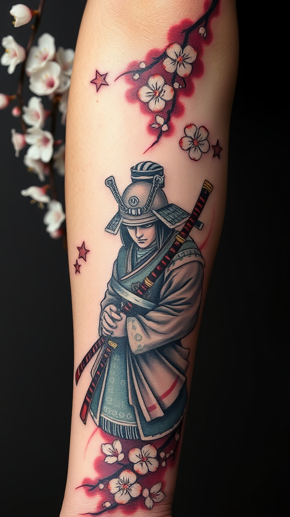 Forearm tattoo inspired by Japanese Suikoden, featuring a warrior and cherry blossoms.