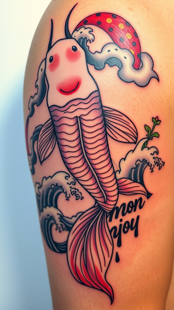 A koi fish tattoo surrounded by waves, featuring a cheerful design.