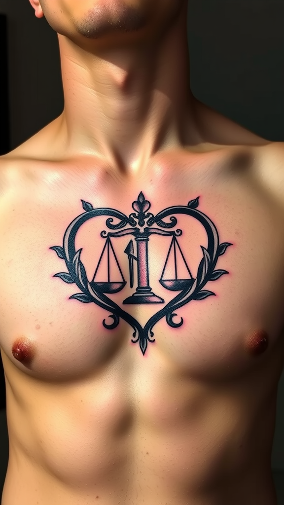 Tattoo of the Libra symbol inside a heart on a man's chest