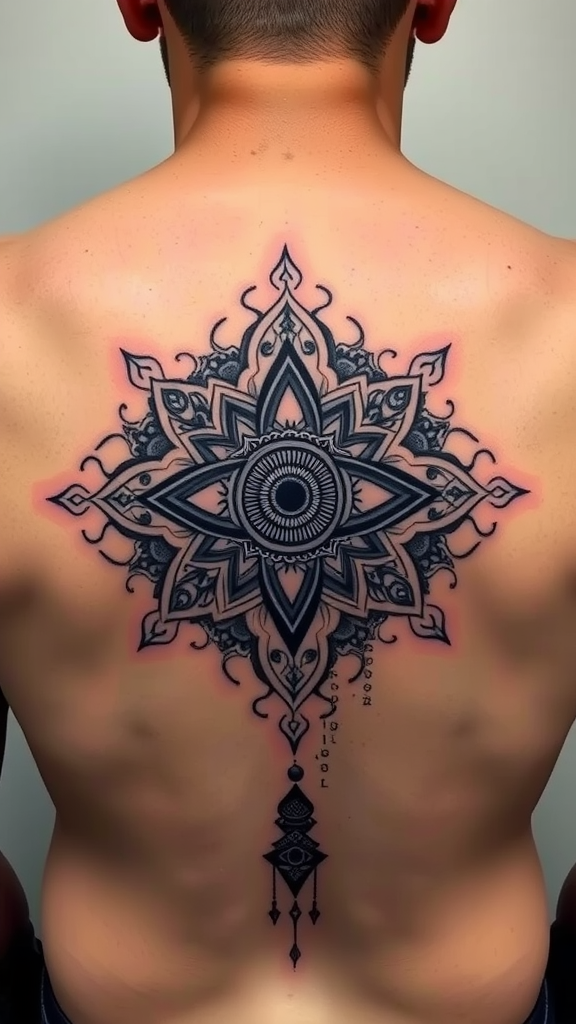 A man showing a detailed mandala-inspired eye tattoo on his back.