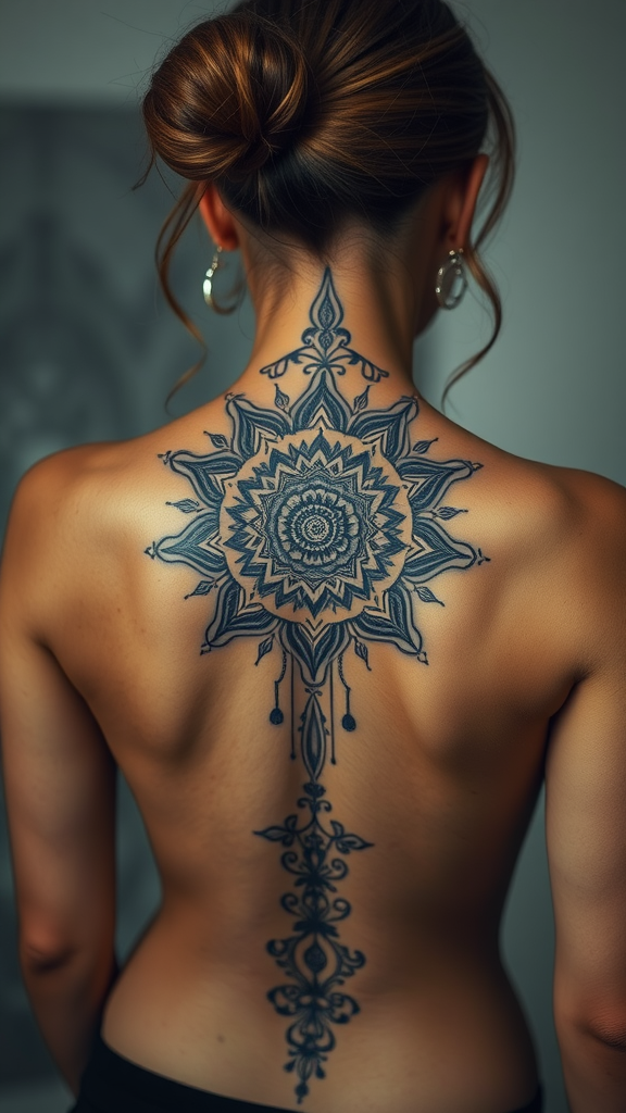 Beautiful mandala tattoo on a woman's spine, showcasing intricate patterns.