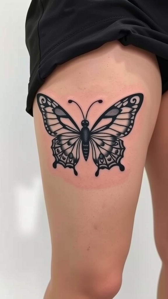 A close-up of a mandala butterfly tattoo on a thigh.