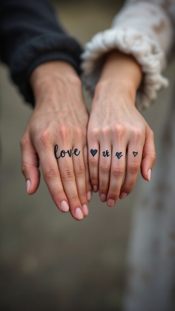 Two hands held together showing matching finger tattoos that say 'love' and 'u' with hearts.