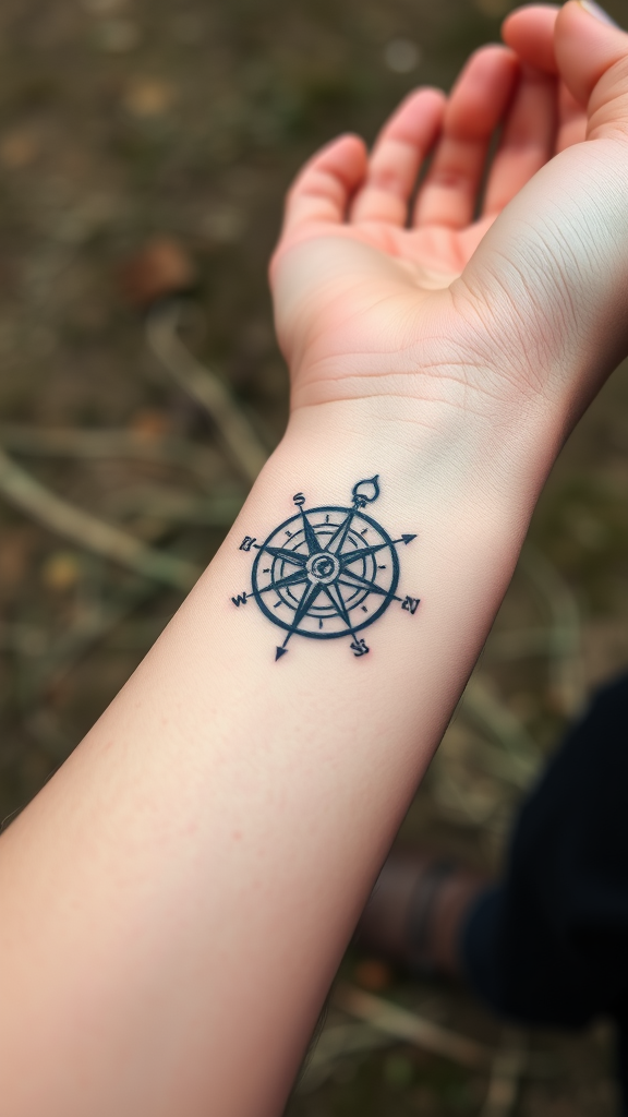 A minimalist compass tattoo on a person's forearm.