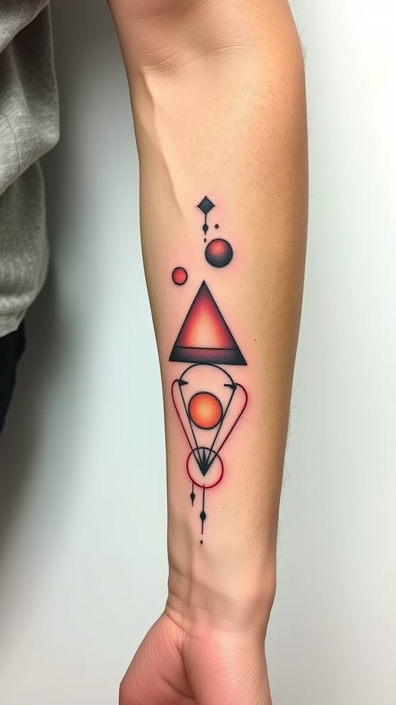 A minimalist geometric tattoo featuring shapes like triangles, circles, and diamonds in vibrant colors.