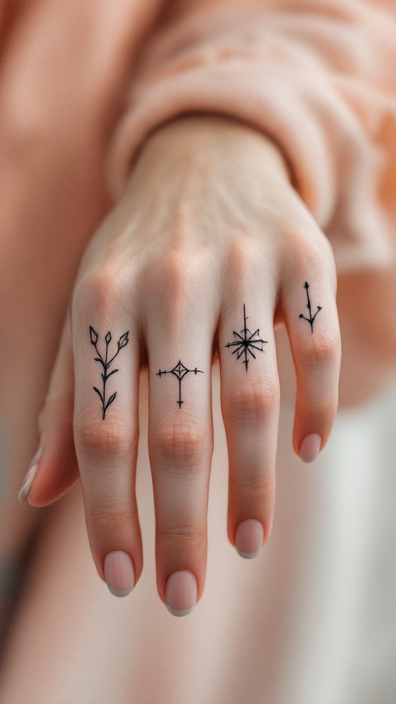 A hand with minimalist line art tattoos, featuring simple designs of plants and symbols.