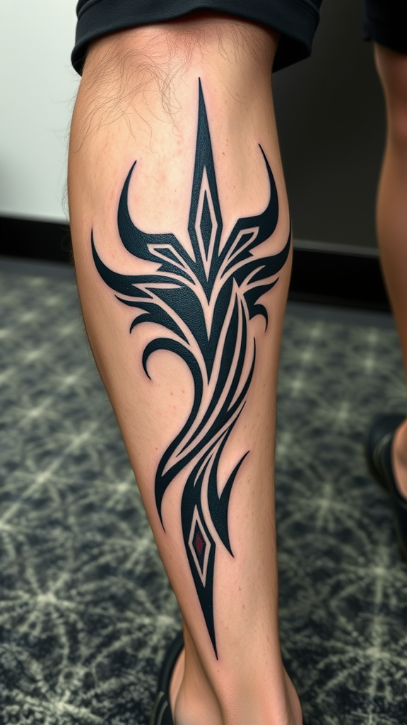 A modern tribal tattoo design on a man's leg featuring bold black lines and geometric shapes.