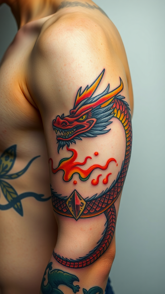 A colorful dragon tattoo on a man's arm.