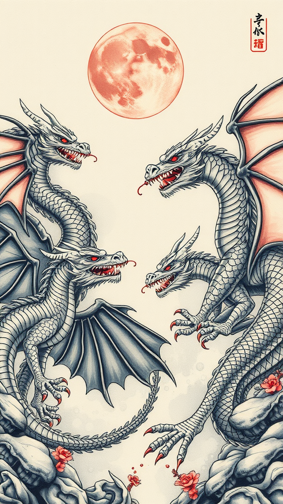 A vibrant illustration of dragons under a full moon, showcasing intricate designs and floral elements.