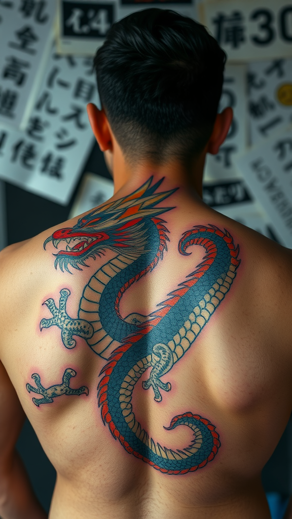 A man showing a colorful dragon tattoo on his back.