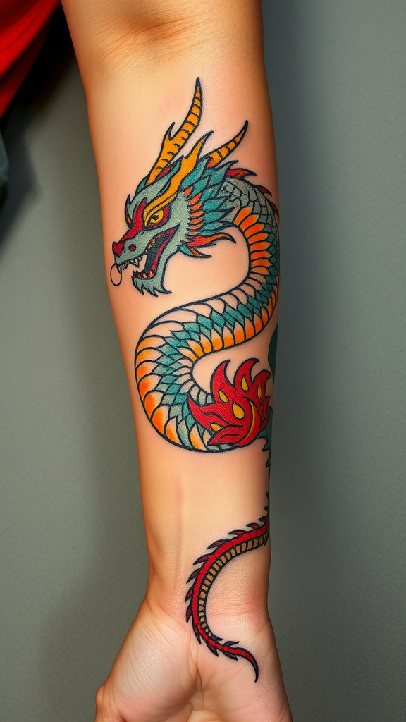 A colorful dragon tattoo on the inside forearm, showcasing vibrant scales and fierce facial features.