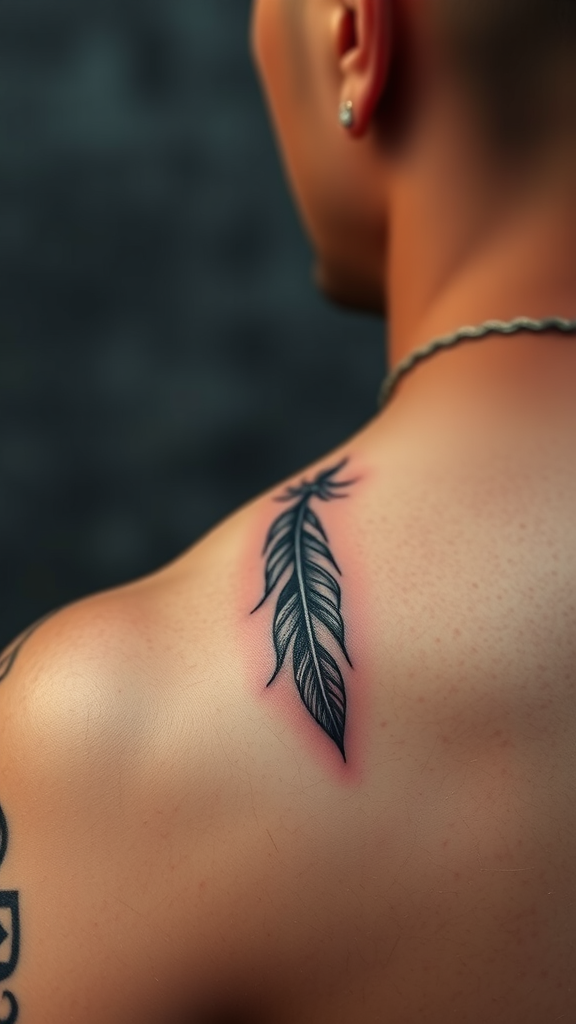 Tattoo of a feather on a man's shoulder