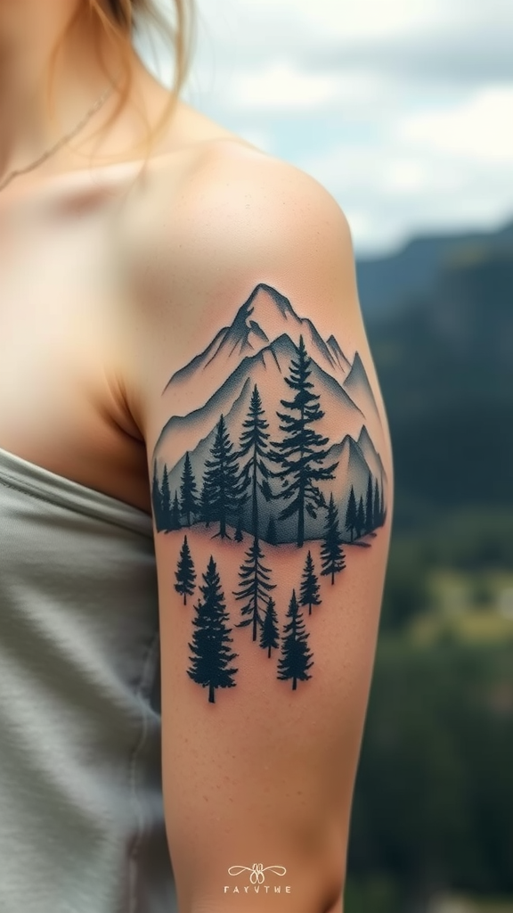 A nature-inspired tattoo featuring mountains and trees on a woman's arm.