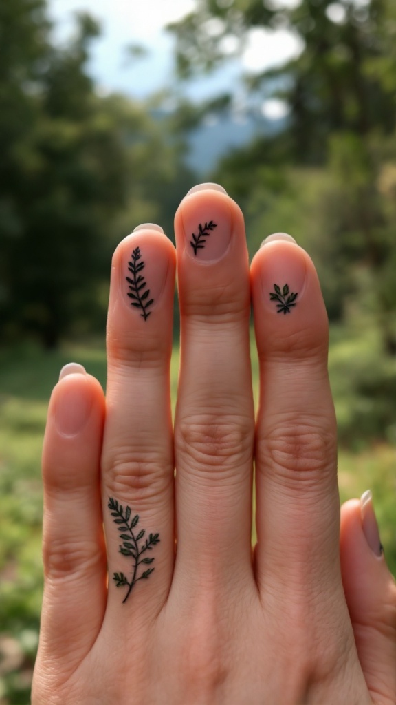 A hand showing finger tattoos of small leaves and ferns