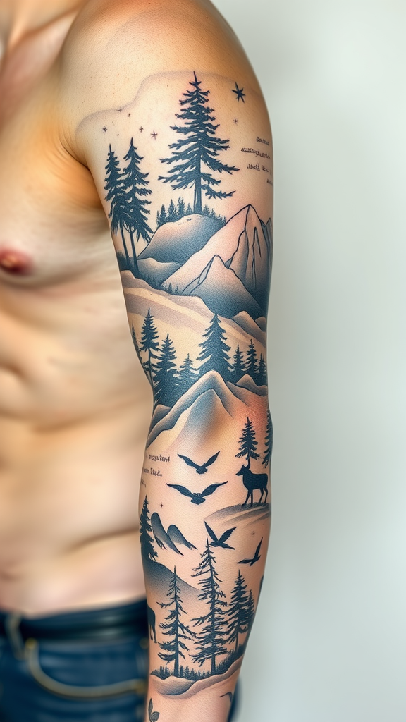 A detailed nature-inspired sleeve tattoo showcasing mountains, trees, and wildlife.