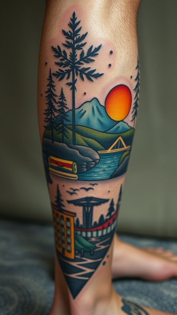 A colorful patchwork tattoo featuring nature scenes like mountains and trees, blended with urban elements like buildings and a bridge.