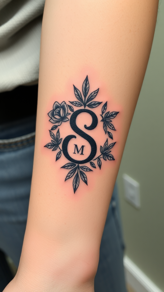 Close-up of a personalized initial tattoo featuring the letters S and M surrounded by floral designs.