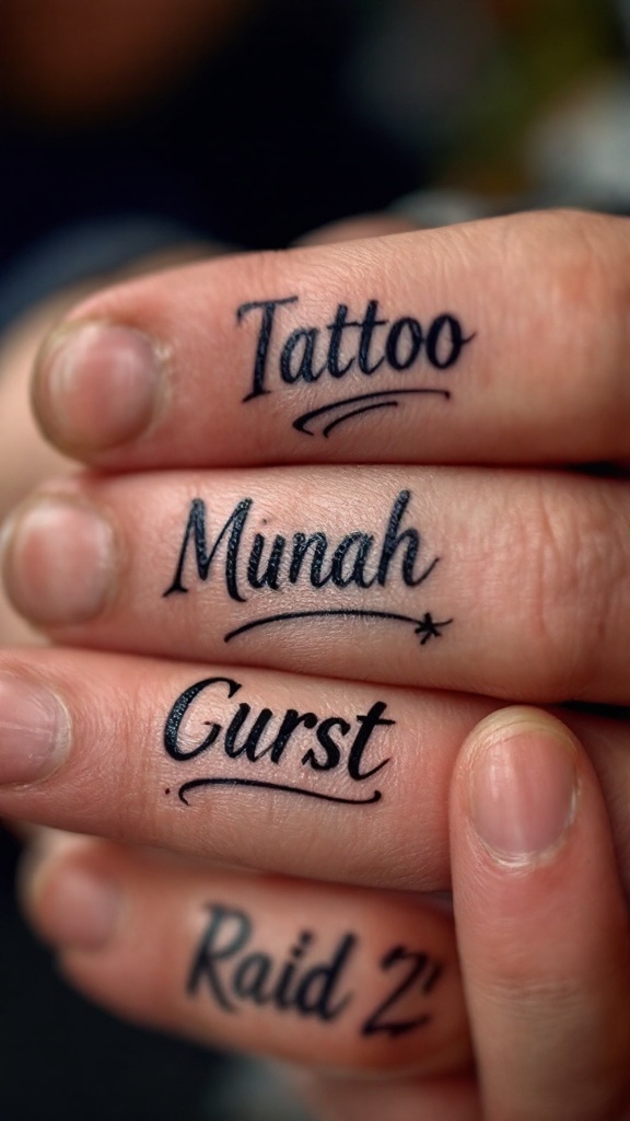 Close-up of hands showing finger tattoos with personalized lettering