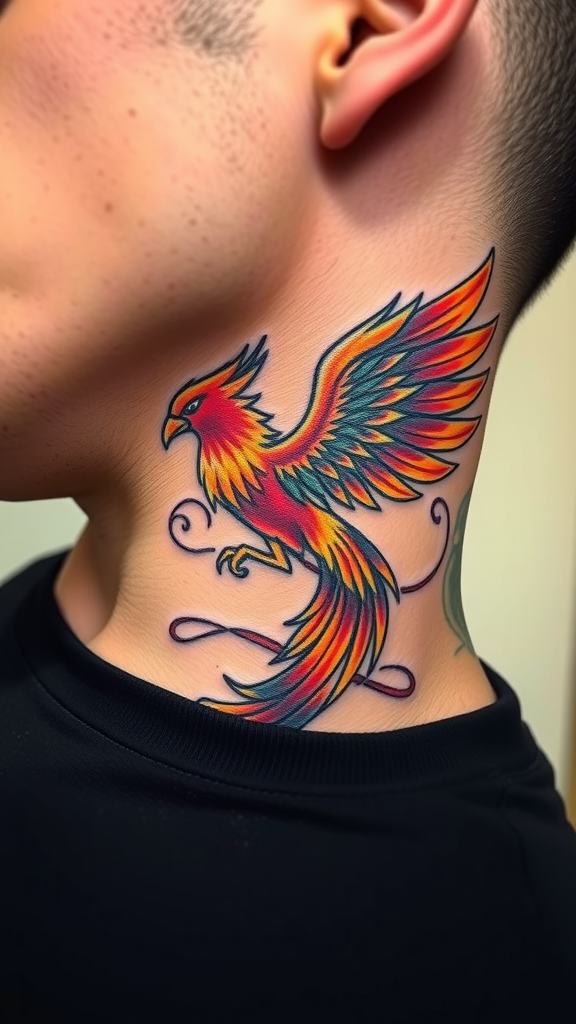 Colorful phoenix tattoo on a man's neck, showcasing a design of a bird with vibrant feathers.