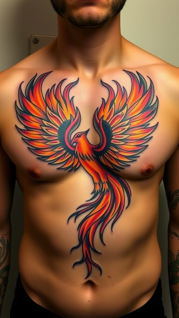 A colorful phoenix tattoo on a man's chest, symbolizing rebirth and resilience.