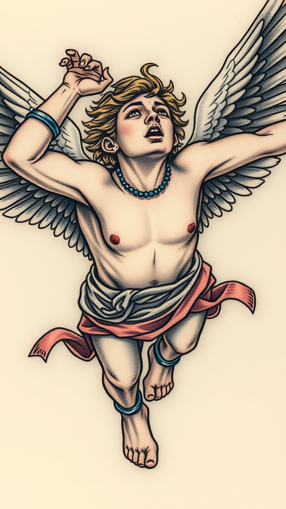 Tattoo design of Icarus flying with wings, depicting youthful energy and freedom.