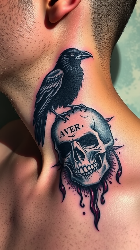 A tattoo of a raven perched on a skull, located on the neck.