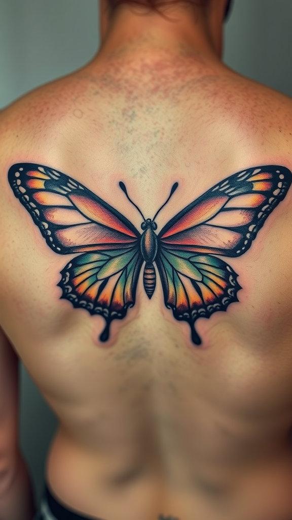 A realistic butterfly tattoo on a person's back showcasing vibrant colors and intricate details.