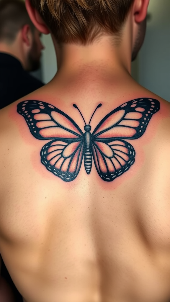 Realistic butterfly tattoo on a person's back