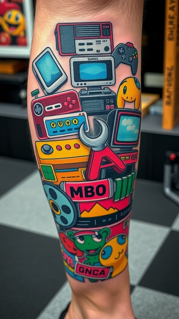 A colorful tattoo of retro video game consoles and characters on a person's leg.