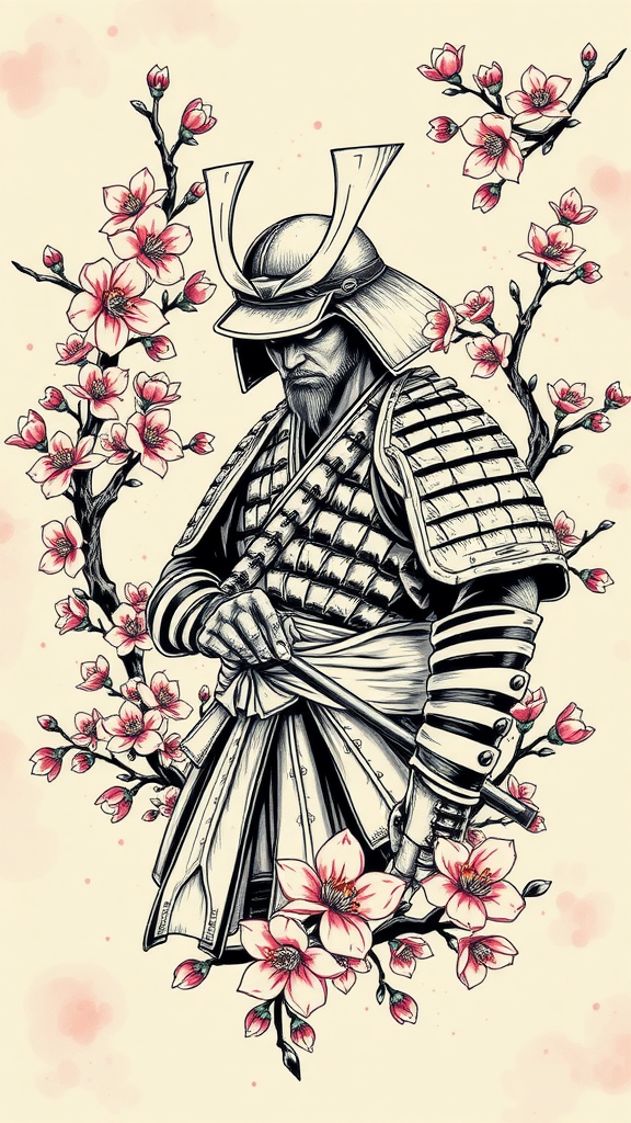 Tattoo design featuring a samurai surrounded by cherry blossoms.