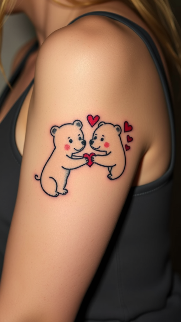 Tattoo of two cute bears holding a heart with love elements.