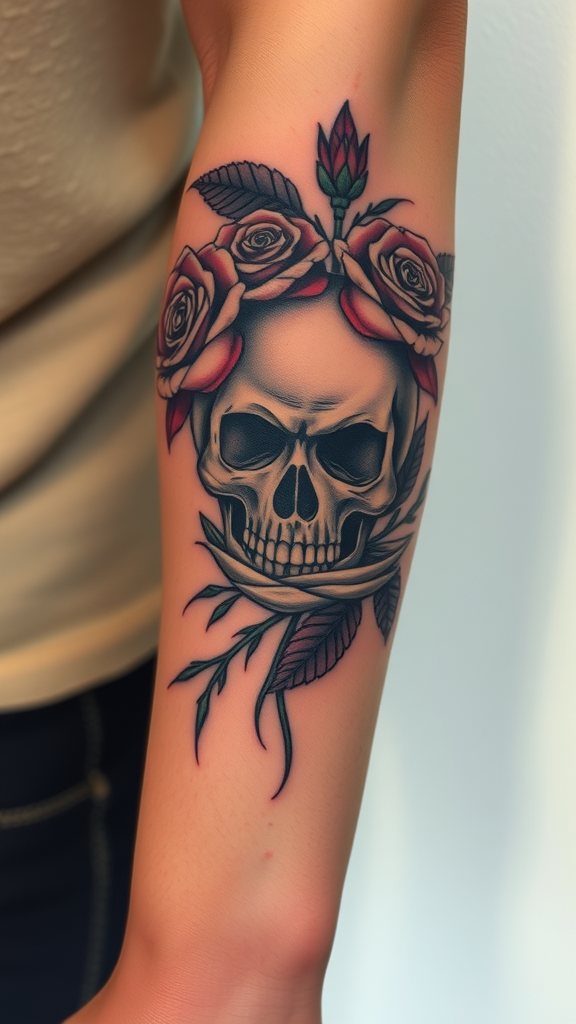 A detailed tattoo of a skull surrounded by roses on a person's forearm.