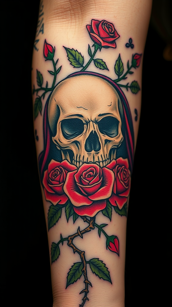 A forearm tattoo featuring a skull surrounded by red roses and green leaves.