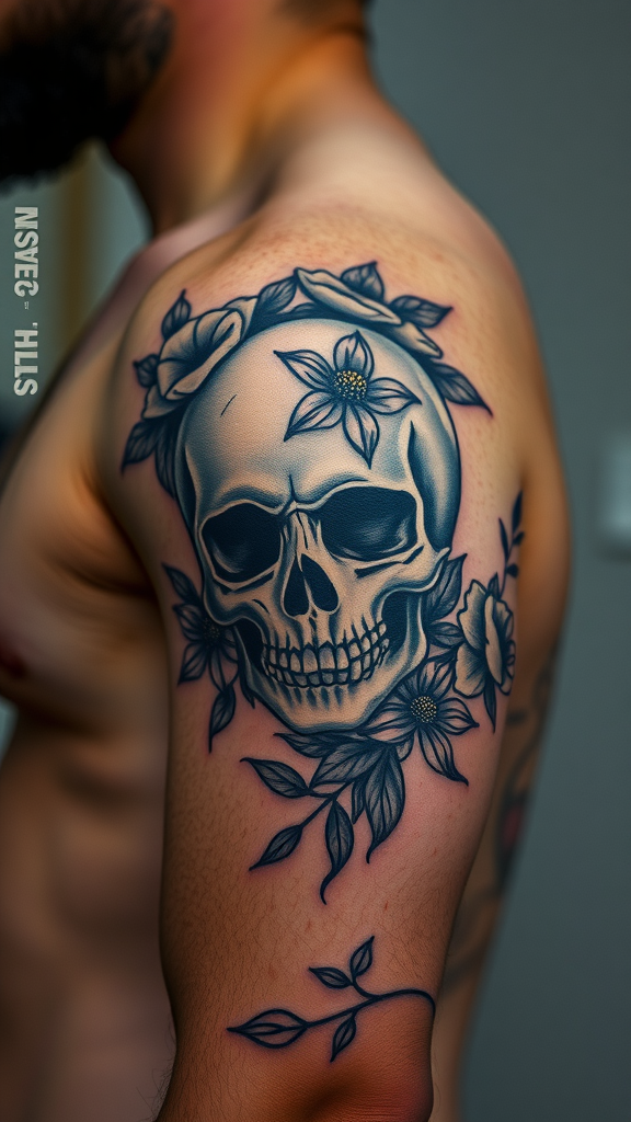 Tattoo of a skull surrounded by flowers on a man's shoulder