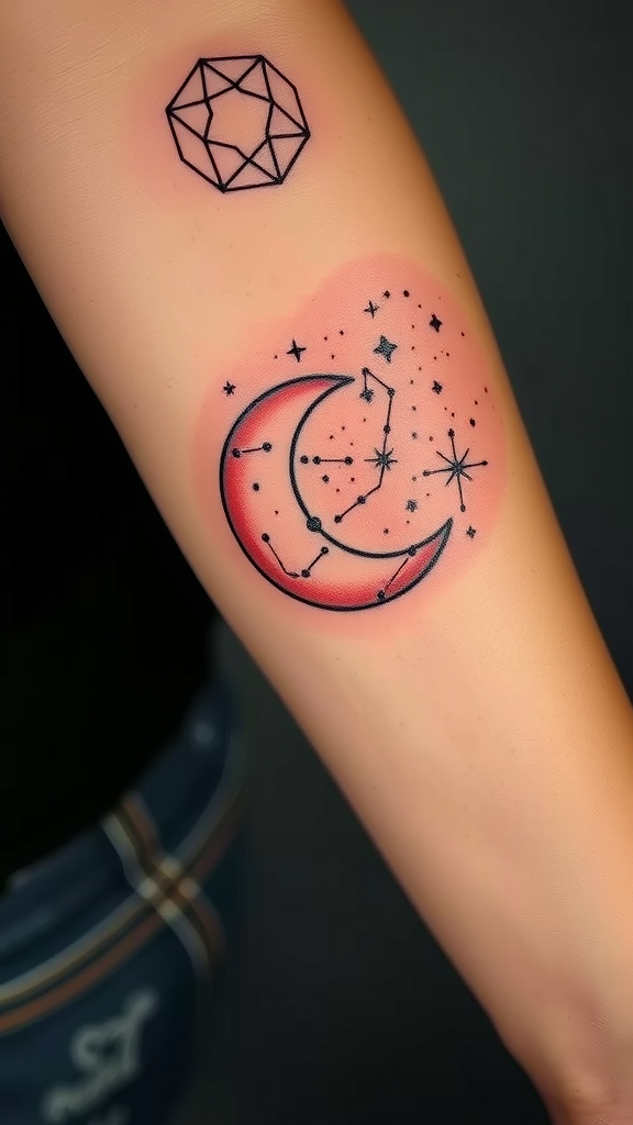 A tattoo featuring a crescent moon surrounded by stars and constellations on a person's arm.