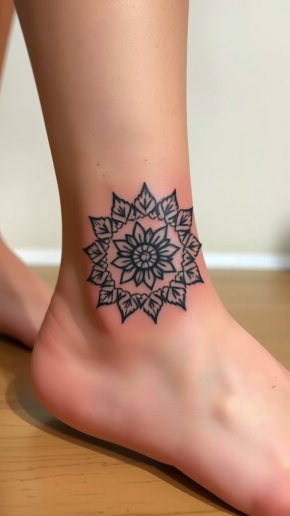 Ankle tattoo featuring a detailed mandala design.