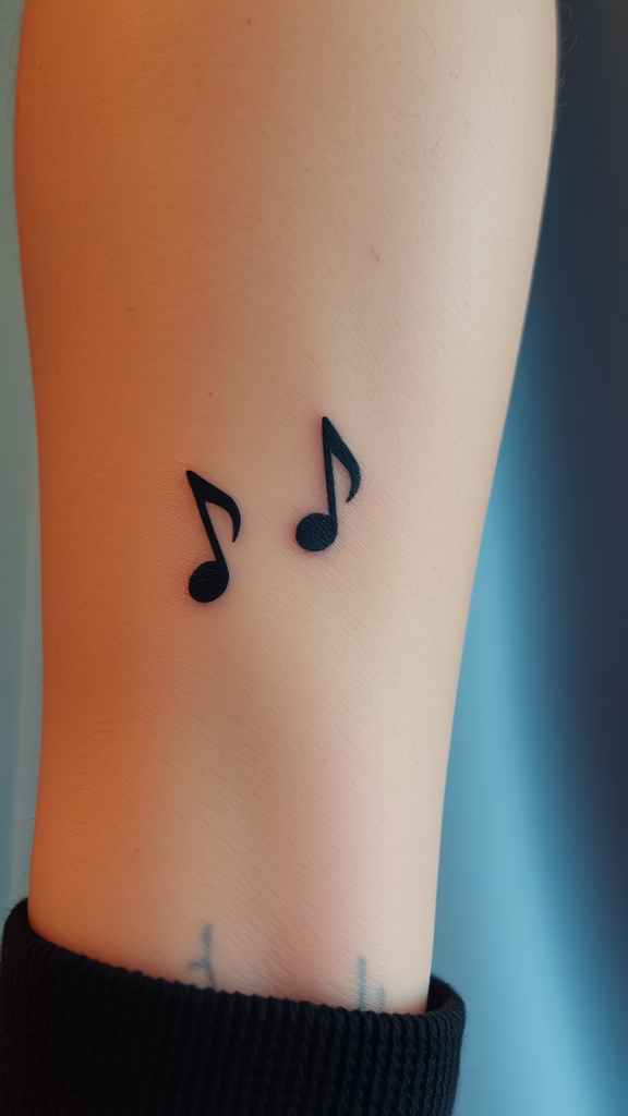 A close-up of two simple black music notes tattooed on the forearm.