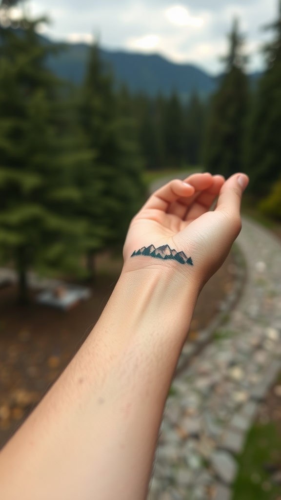 A simple mountain tattoo on a man's wrist, set against a natural background.