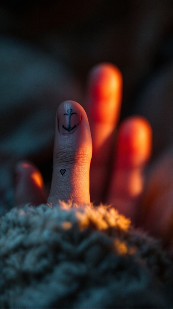 A close-up of a hand with an anchor tattoo on one finger and a heart tattoo on another.