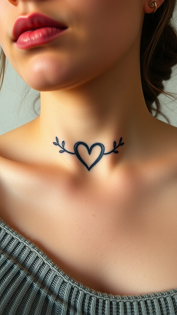 Close-up of a woman's neck showcasing a heart tattoo design.