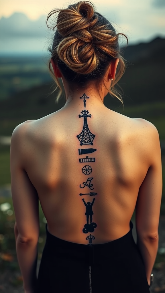 A woman with a detailed spine tattoo featuring various symbols on her back.