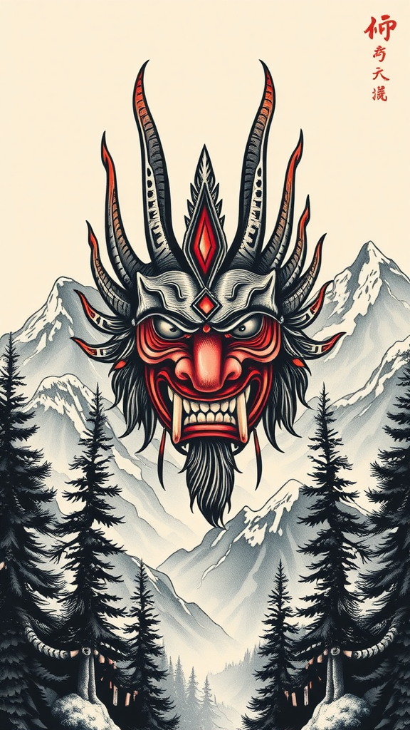 Tengu mask tattoo design with mountain and forest elements.