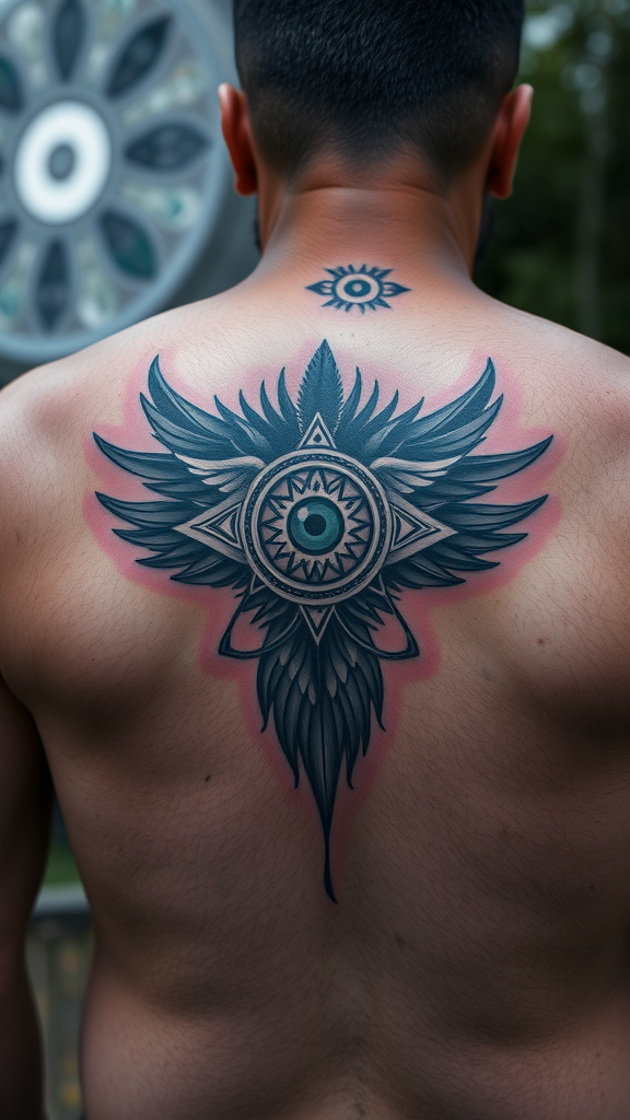 A unique third eye tattoo featuring animal spirit elements on a man's back.