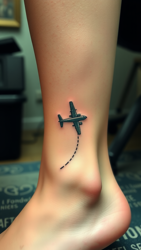 A small airplane tattoo on an ankle, symbolizing travel memories.