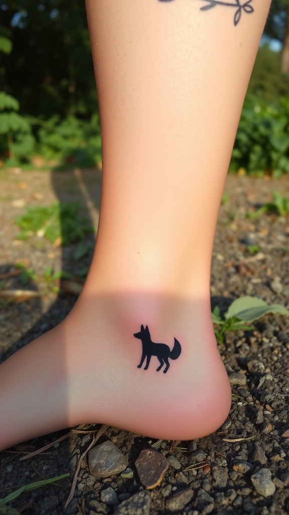 A small black silhouette tattoo of a fox on an ankle.