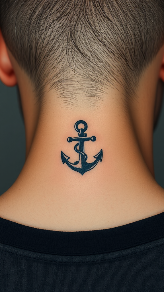 A close-up of a tiny anchor tattoo on the back of a man's neck.