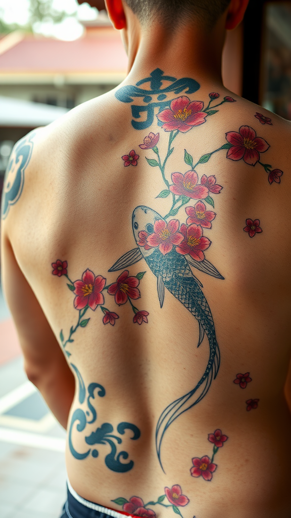 A person with a traditional Japanese Irezumi tattoo featuring koi fish and cherry blossoms on their back.